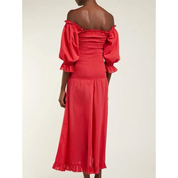 NWT Rhode Resort Eva Smocked Off-The-Shoulder Cotton Maxi Dress Red - Picture 3 of 15